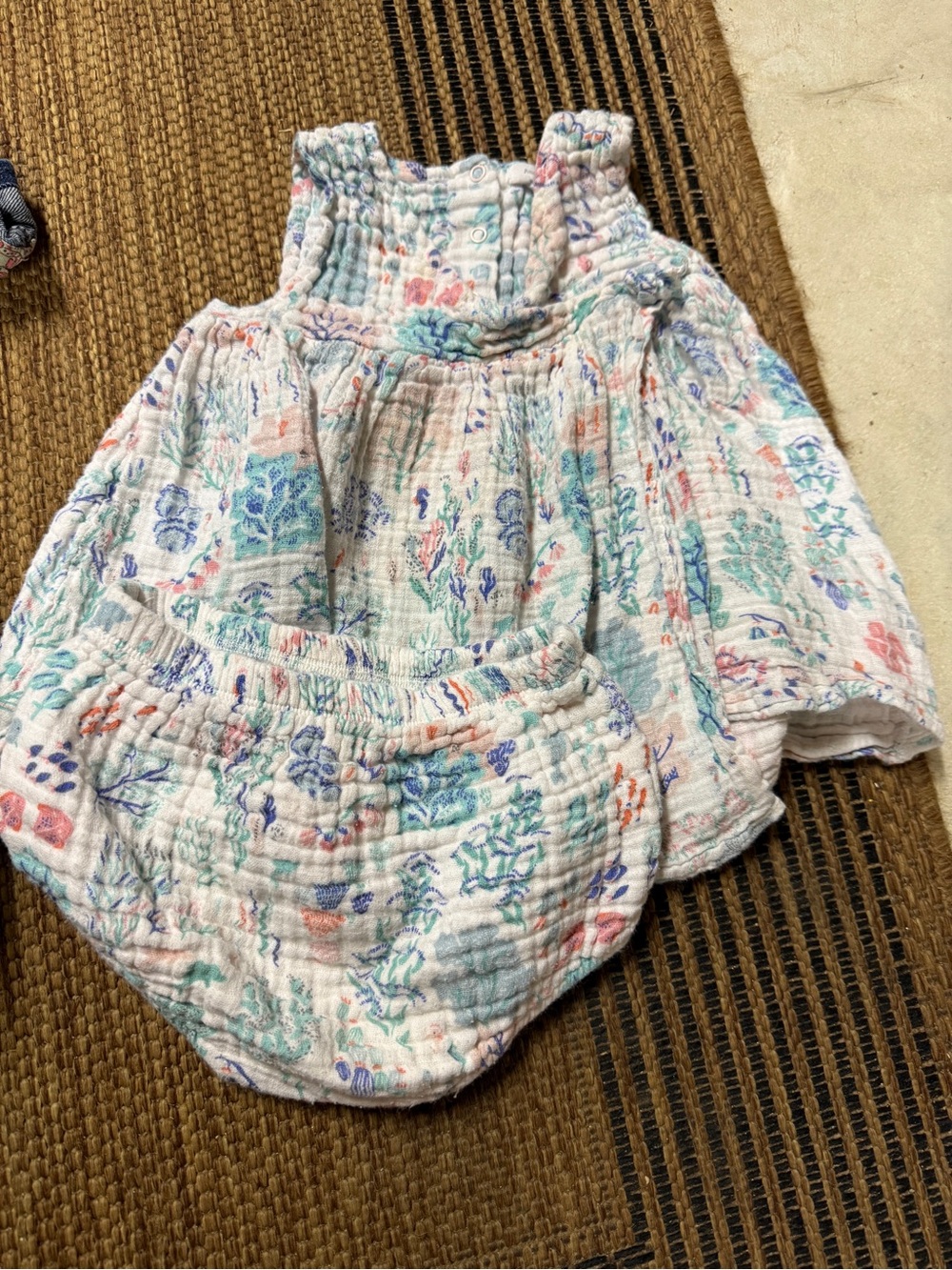 Baby Two-Piece Muslin Set in White with Aqua & Coral Floral Print